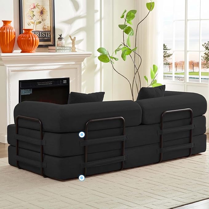 Mjkone 78.7 W Convertible Folding Mattress Couch with Armrest Corduroy Floor Sofa Bed with Metal Fixed-Shape Frame 5-in-1 DIY Futon Lazy Sofa Cama Lounge Couch for Living Room Bedroom Studio Grey