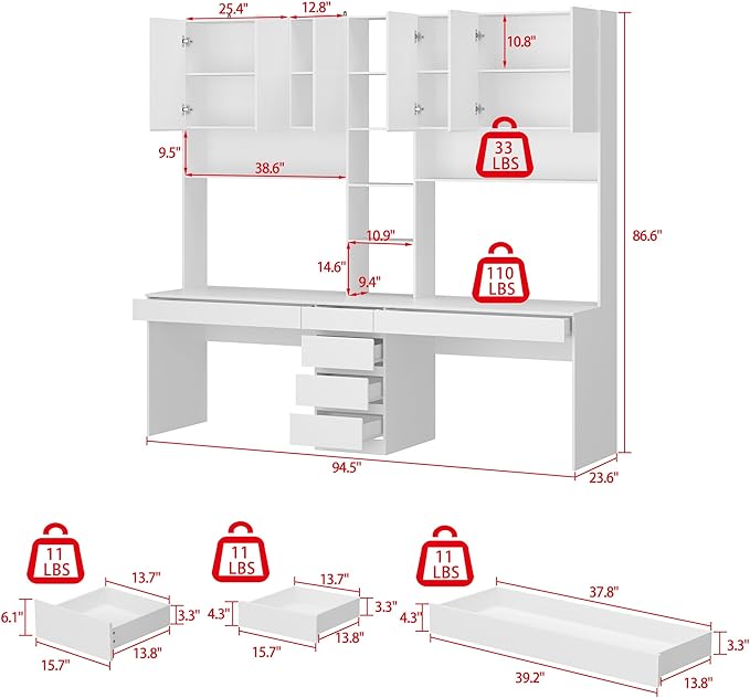 Homsee White Large 2-in-1 Computer Desk for 2 Person with 86.6 Tall Bookshelf 94.5 L Office Desk Writing Study Table with 6 Drawers 15 Shelves &amp 6 Doors for Home Office
