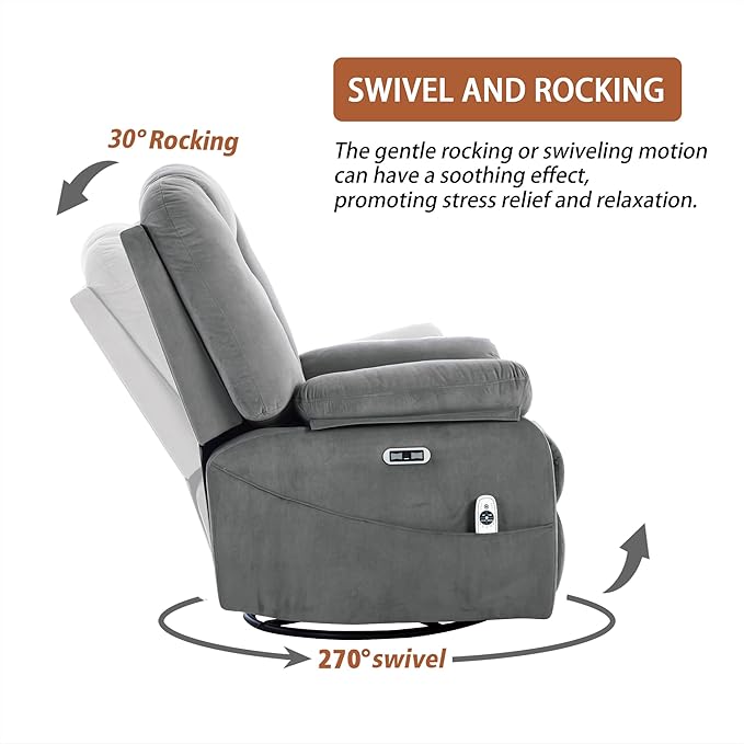 Power Swivel Rocker Recliner with Massage and Heat USB and Type-C Port Infinite Position Electric Glider Rocking Chairs Living Room Soft Fabric Reclining Sofa Chair (Velvet Grey)