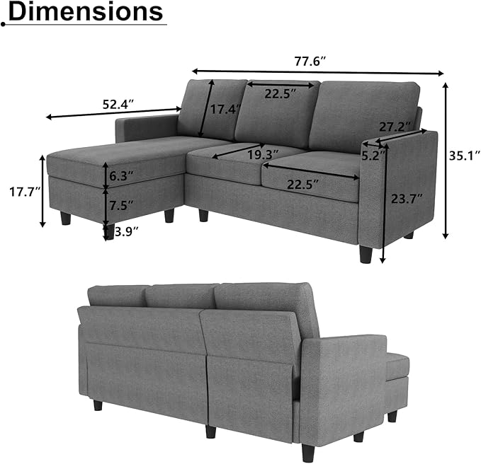L Shaped CouchReversible Sofa with Linen FabricConvertible Sectional Sofa for Small Space Linen Grey