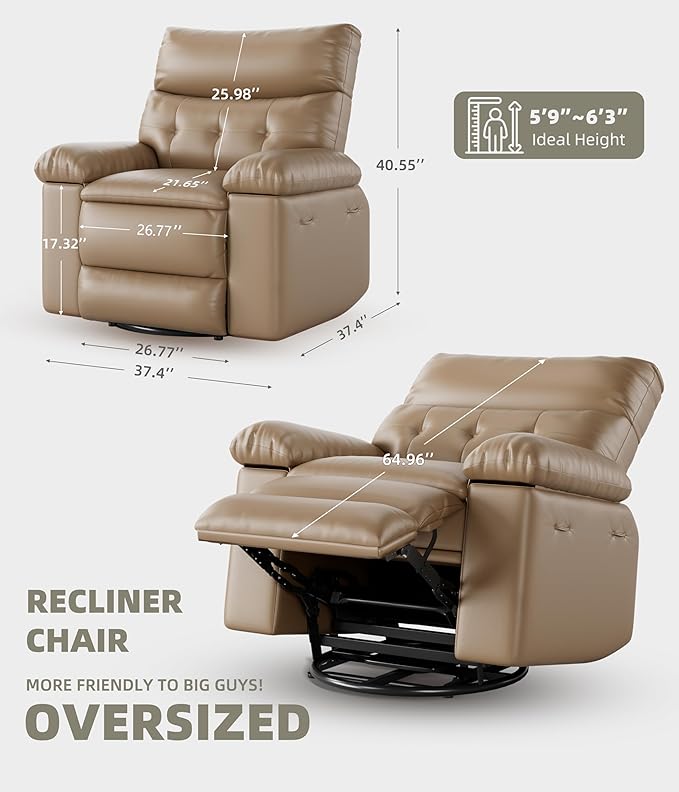 27'' Oversized Rocker Recliner Chair PU Leather 360° Manual Rocker Swivel Recliner for Adults Lazy Chair with 1.5X Sponge Comfort Arm and Back for Living Room Bedroom