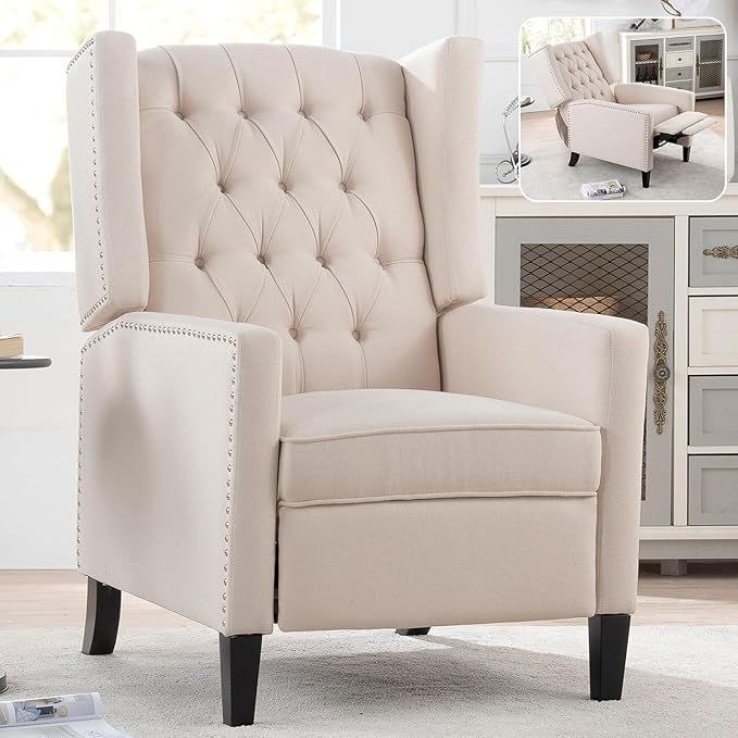 Wingback Recliner Chairs with Foldable Side Table&ampUSB Charging PortsMid Century Accent Single Sofa Small Recliner ChairModern Comfy Pushback Reclining Chair for Living Room (Fabric Beige)