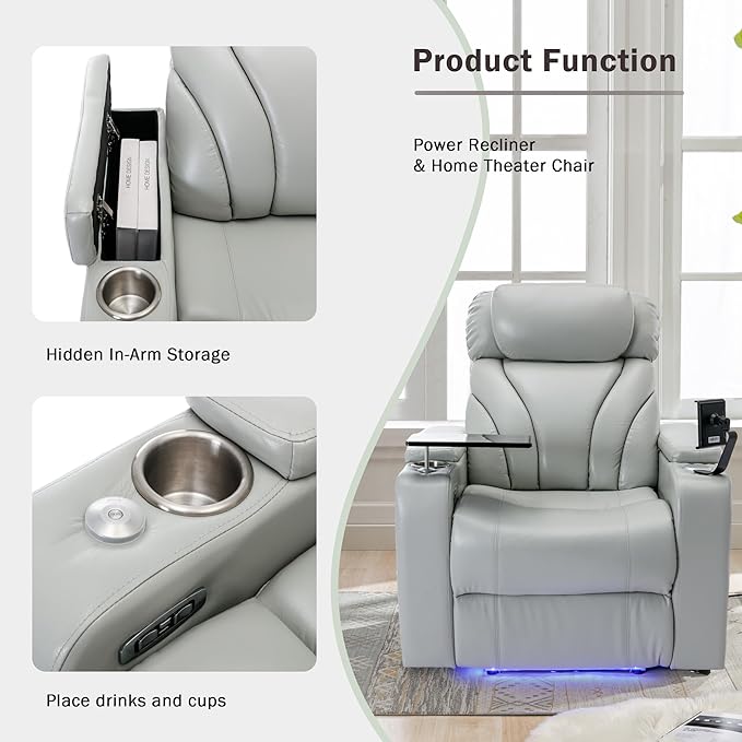 Merax Power Motion Recliner with USB Charging Port and Hidden Arm Storage Home Theater Seating with Convenient Cup Holder Designand Stereo(Light Grey)