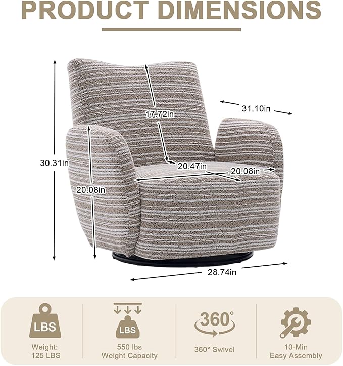 360° Swivel Accent Chair with Armrest Modern Striped Upholstered Lounge Chair Stable Round Base &amp Sturdy Metal Frame Armchair for Bedroom Living Room Office &amp Vanity (Khaki)