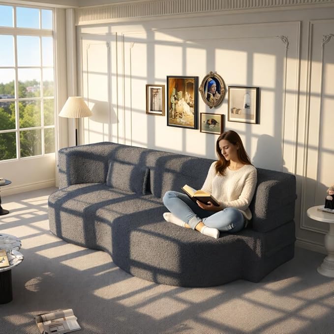 78 Inch Couch Queen Sleeper Sofa Bed Loveseat Cloud Convertible Folding Teddy Full Size Boneless Sofabed for Living Room Guestroom Lazy Lounge Floor Fold Out Sofa Bed No Assembly