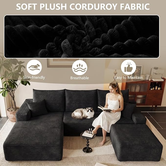 95 Modular Sectional Sofa Cloud Sectional Couch with Deep Seat Corduroy Boneless Couch with U Shaped Couch for Living Room No Assembly Required(Black Left Facing Chaise)