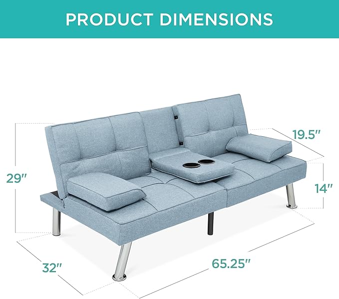 Best Choice Products Linen Modern Folding Futon Reclining Sofa Bed for Apartment Dorm w/Removable Armrests 2 Cupholders - Light Blue