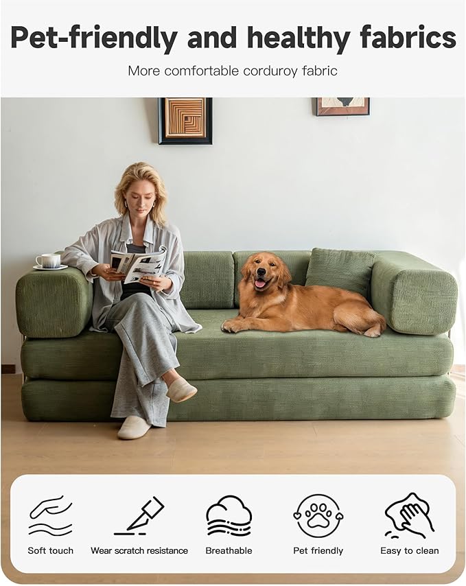 No Assembly Convertible Sofa Bed &amp 79 Boneless Couch with Pocket  5-in-1 Futon Sofa Bed with 2 Pillows Modular Pull Out Couch Bed with FrameCompression in Box for Living Room Small Spaces Green