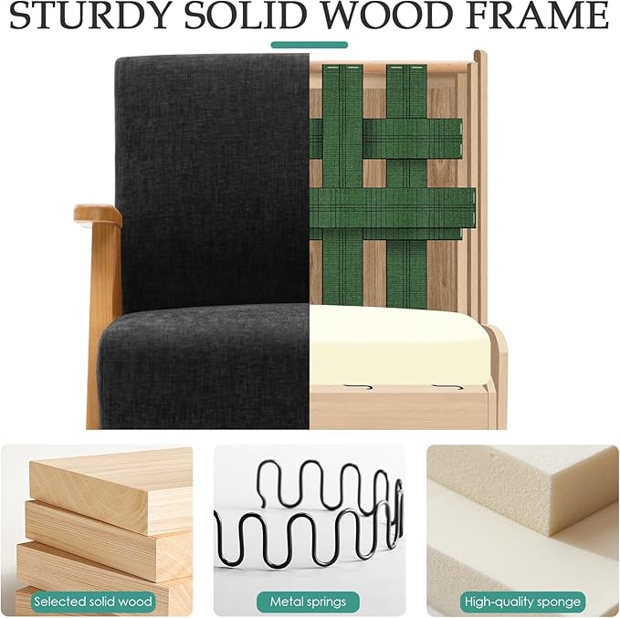 Home Accent Chair Mid Century Modern Accent Chair with Wood Frame Lounge Upholstered Armchair Reading Chair Sturdy BaseFor Living Room BedroomOfficeComfy Guest Waiting Room ChairsBlack