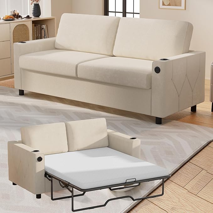 BALUS Pull Out Sofa Bed Full Size Sleeper Sofa Couch with USB Ports 2-in-1 Convertible Pullout Couchs with 2 Cup Holders &amp Memory Foam Mattress for Living Room Guest Room ApartmentWhite