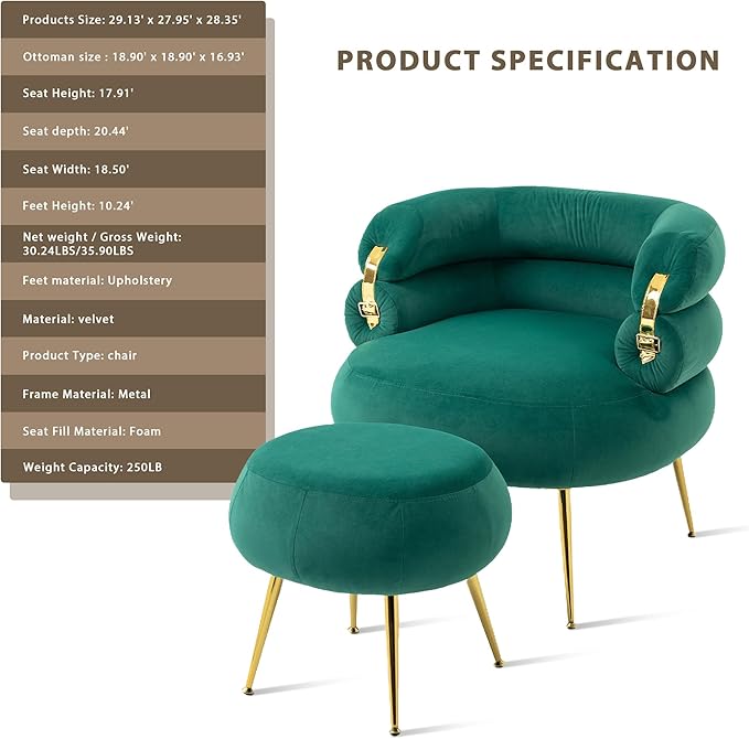 Velvet Accent Chair with Ottoman Set Modern Upholstered Armchair Tufted Chair with Footstool Single Sofa Chair with Metal Legs for Living Room Apartment Bedroom(Green-Chair and Ottoman)