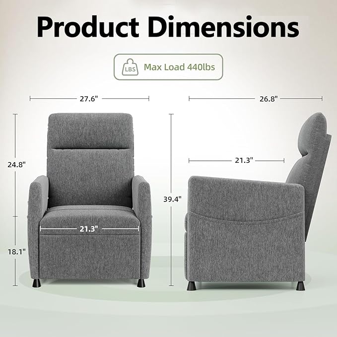 Black Power Recliner Chairs for Adults Lash Chair &amp Lay Flat Recliner for Small Spaces Living Room Bedroom Offices Theater Adjustable Footrest &amp Backrest/Side Pockets/USB (Light Grey)