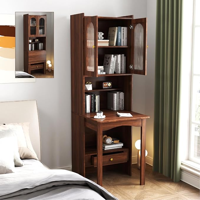 Walnut Folding Desk with Storage - Foldable Convertible Writing Table with Shelves Fold Out Murphy Hideaway Desk with Drawers Space Saving Computer Table Doors for Home Office Workstation