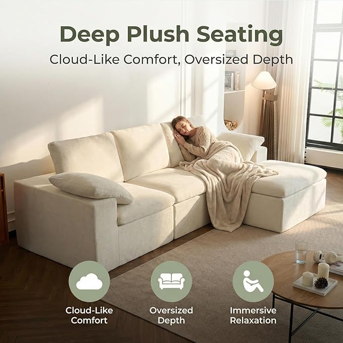 108'' Boneless Sectional Couch Cloud Sofa with Ottoman Modular Memory Foam Couches for Living Room Large L Shaped Modern Beige 3 Seater Floor Sofa Set No Assembly Comfy Deep Seats | Adjustable Bac