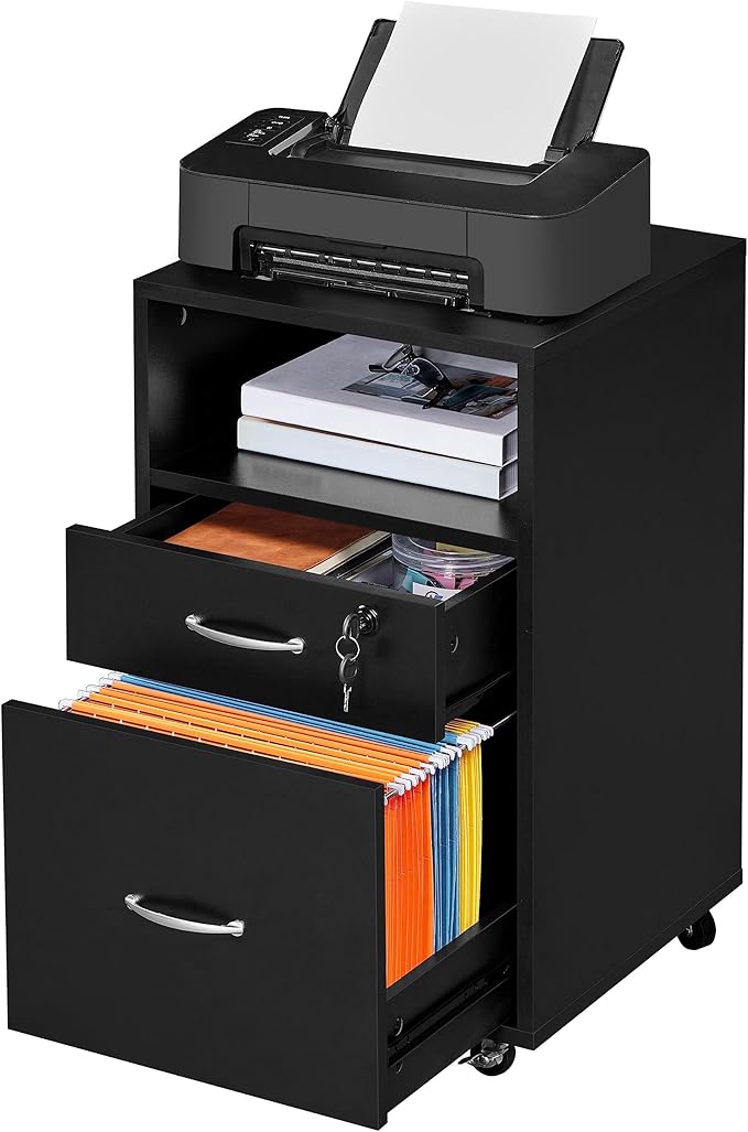 Topeakmart File Cabinet Movable Vertical Filing Cabinet with 2-Drawer and 1-Open Shelf Mobile Letter File Storage Oragnizer Lateral File Srorage on Wheels for A4/ Legal/Letter Black