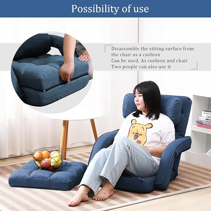 FLOGUOR 42-Position Adjustable Floor Chair Chaise Lounge Indoor Folding Lazy Sofa with Armrests and a Pillow Padded Adults Gaming Chairs for Living Room Bedroom Factory Price 8803XM (Blue)