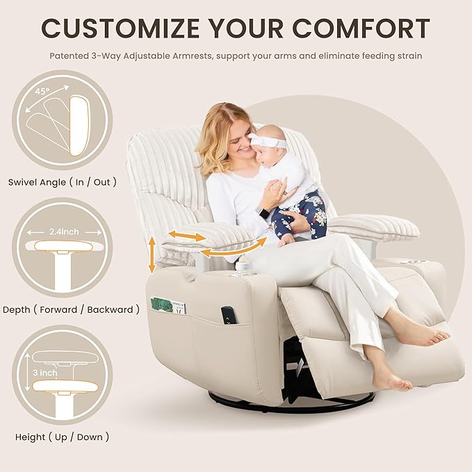 SUNWAVE Power Nursery Rocking Chair with Adjustable Armrests Nursing Chair with USB Cup Holders &amp Blanket Swivel Rocker Recliner with Corduroy and PU Leather Mixed Fabric (Beige)