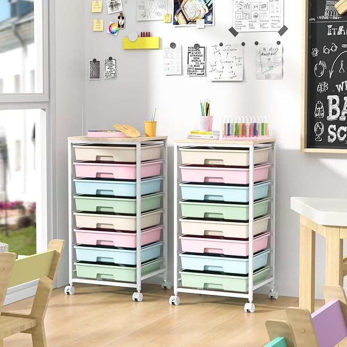 Rolling Storage Cart with DrawersUtility Cart With 8 Drawers and Wooden TabletopRolling Drawer CartStorage Drawer Cart for Living RoomClassroomBedroomBathroomDormOfficeRainbow