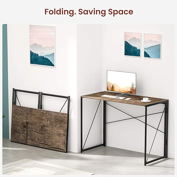 Garden Elements Modern Small Folding Computer Desk Portable Space-Saving Home Office Desk with Sturdy Metal Frame Brown 39