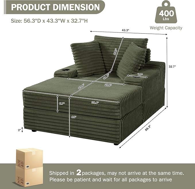 Garvee Oversized Chaise Lounge Chair Indoor with Storage Ottoman Upholstered Corduroy Sofa Bed Cloud Couch with 3 Pillows Single Sleeper Sofa Chair for Living Room Bedroom