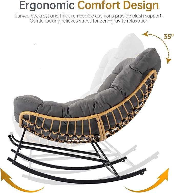 Egg Chair Wicker Outdoor Chairs Oversized Patio Lounger Chair with Water Resistant PE Rattan Adjustable Footstool Cushioned Comfort for Porch Garden Living Room Dark Grey
