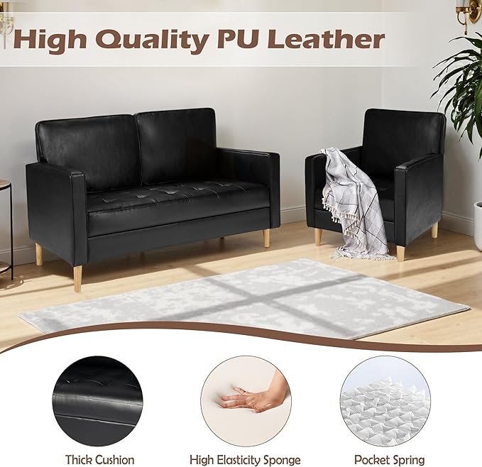 AILEEKISS Mid-Century Sectional Sofa Set for Living Room Faux Leather Office 2 Pcs Couch Set with Armrest Modern Upholstered Loveseat Couches (1-Seater+2-Seater Black)