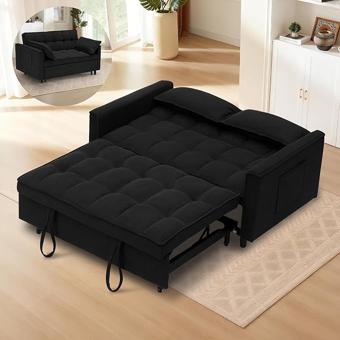 3 In 1 Corduroy Convertible Sofa BedPull Out Couch Bed with Reclining Backrest And 2 Pillows 54 Full Size Loveseat Sleeper Sofa Futon Couch Bed Couches For Small Spaces Living Room (Black ①)