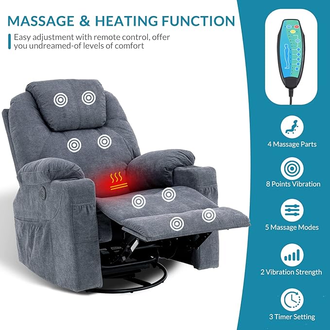 Manual Swivel Glider Rocker Recliner Chair with Massage and Heat 2 USB Ports 2 Cup Holders 2 Side Pockets and 2 Front Pockets Fabric (Grey-Blue)
