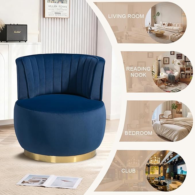 360 Degree Swivel Accent Chair Comfy Round Swivel Barrel Chair with Mental Base Upholstered Cozy Reading Armchairs Modern Lounge Sofa Chairs for Living Room Bedroom Club Office(Velvet Navy)