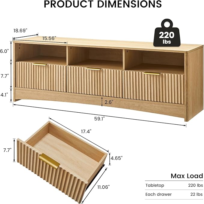 Amada 59 Fluted TV Stand for TVs Up to 65 Mid-Century Modern Entertainment Center with Storage Drawers and Open Shelf TV Console for Living Room or Bedroom Natural Oak
