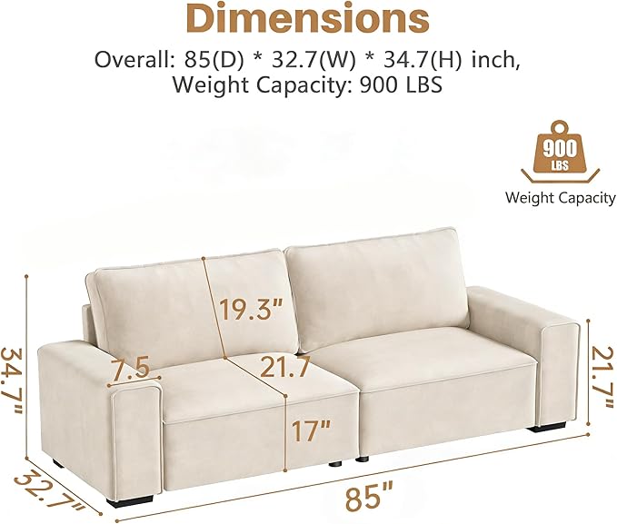 Vesgantti 85'' Chenille Couch for Living Room 3 Seater Comfy Sofa with Wide Armrest Thick Spring Cushions Modern Cloud Couch for Apartment Office Bedroom Small Space Chenille Beige