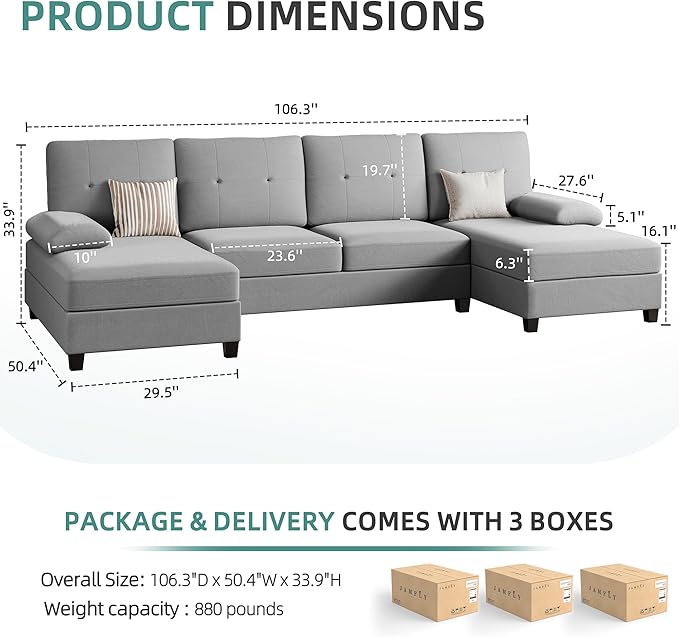 JAMFLY Sectional Sofa Couches for Living Room U Shaped Sofa Living Room Furniture Sets 4 Seat Modular Sectional Couch with Chaise Light Grey