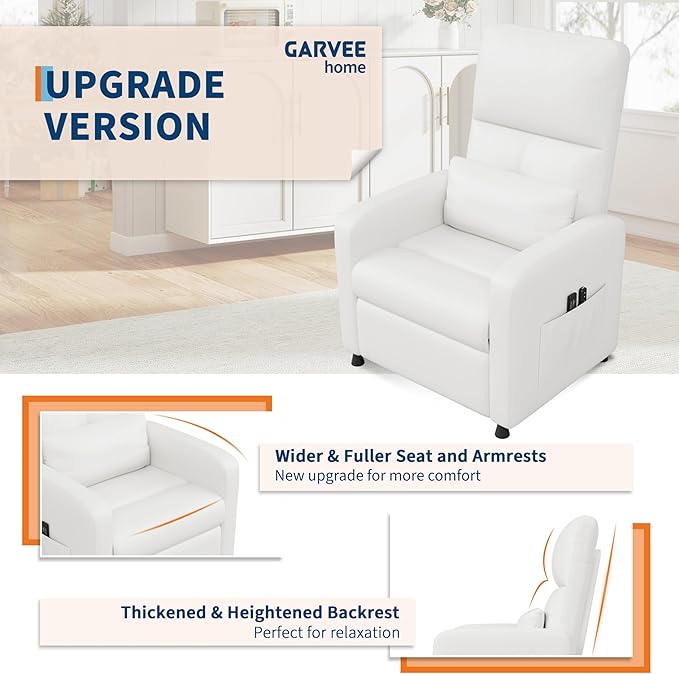 GarveeHome Power Recliner Chair with Massage and Heat Adjustable Electric Recliner Ergonomic Overstuffed PU Leather Single Sofa 2 Side Pockets and USB Port Home Theater Seating for Living Room
