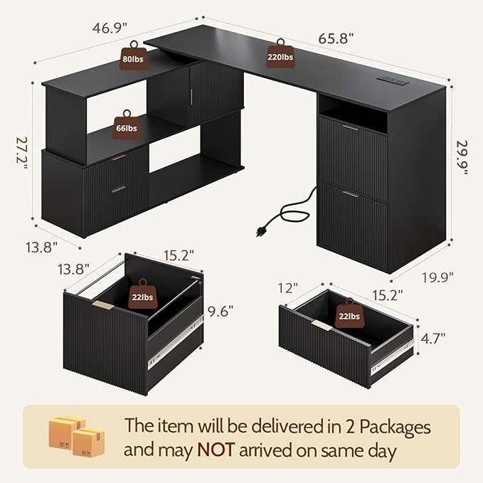 L-Shaped Desk with Drawers &amp Power Outlet 180 Rotating Corner Computer Desk with Storage 66 Inch Office Desk with 5-Drawer Space-Saving Modern L-Shaped Workstation for Home Office