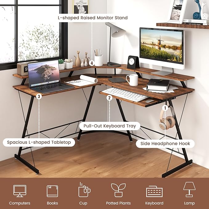 Giantex L Shaped Computer Desk with Power Outlet 51 Corner Computer Desk with Monitor Stand and Reversible Keyboard Tray Modern Gaming Desk with Hook Home Office Desk Workstation (Rustic Brown)
