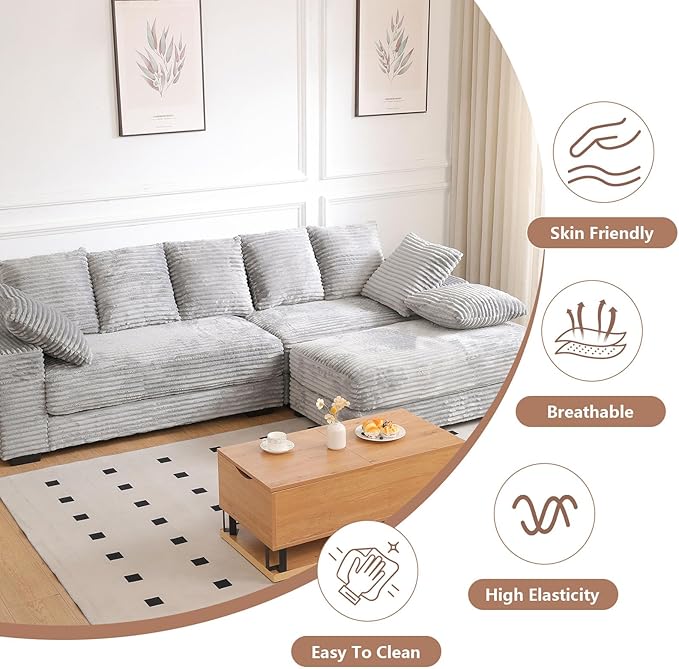 108 Oversized Sectional Sofa Modular Deep Seat Sofa Couch with Storage Ottoman Upholstered Comfy Cloud Couches with 8 Pillows Modern L-Shaped Corduroy Sofa Chaise for Living Room Apartment Gray