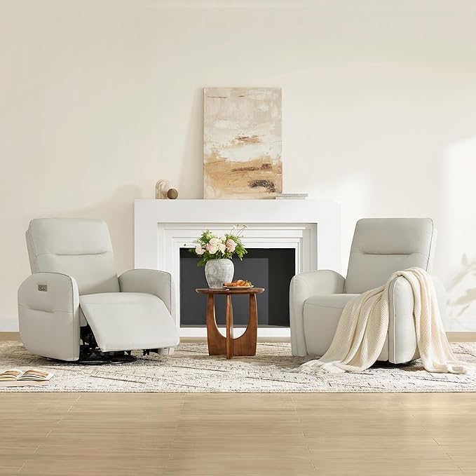 CHITA Faux Leather Power Recliner Chair Swivel Glider Recliner for Adults Nursery Rocking Chair with USB &amp Type-C Charging for Living Room Bedroom Creamy Grey