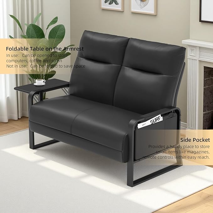 Faux Leather Loveseat Couch for Living Room Bedroom Office Small Sofa 2 Seater Couch with Flip Up Tray Table Side Pockets Leather Loveseats Black