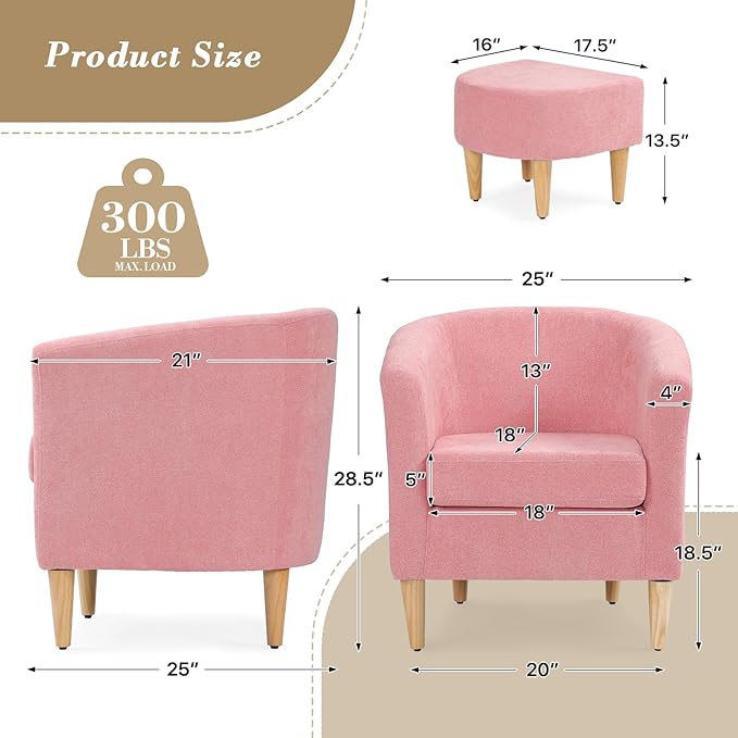 Athena Collection Modern Accent Chair with Ottoman Linen Barrel Sofa Chair Comfy Upholstered Armchair Reading Chair with Thickened Seat Cushion for Bedroom Living Room Pink