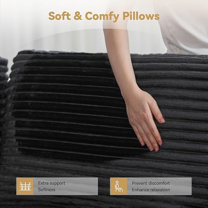 Modular Sectional Couch Mix and Match Pieces for Living Room Comfy Cloud Couches with Movable Ottoman DIY Combination Plush Corduroy Black