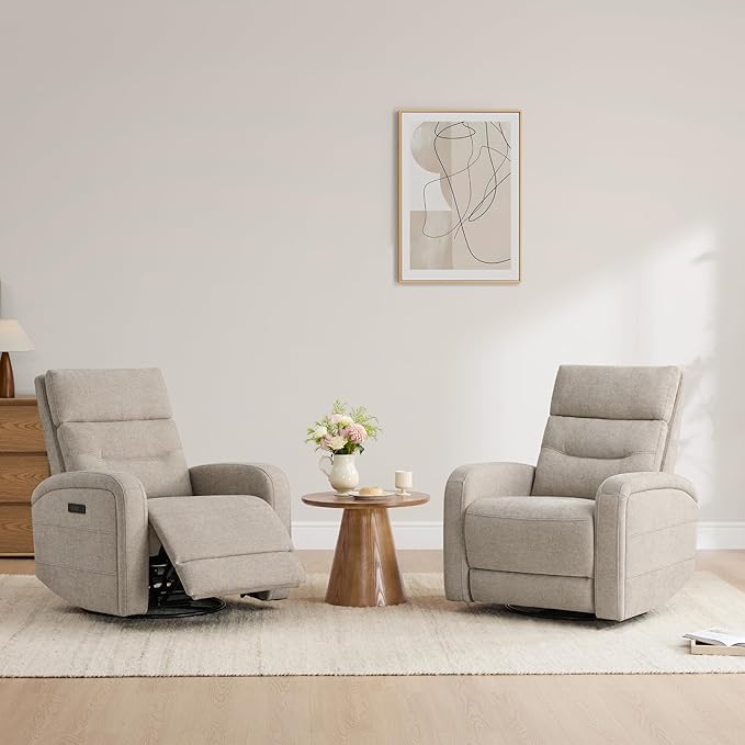 Watson &amp Whitely Swivel Power Recliner with Adjustable Headrest Recliner Chairs for Adults Small Glider Rocker for Living Room Fabric in Khaki