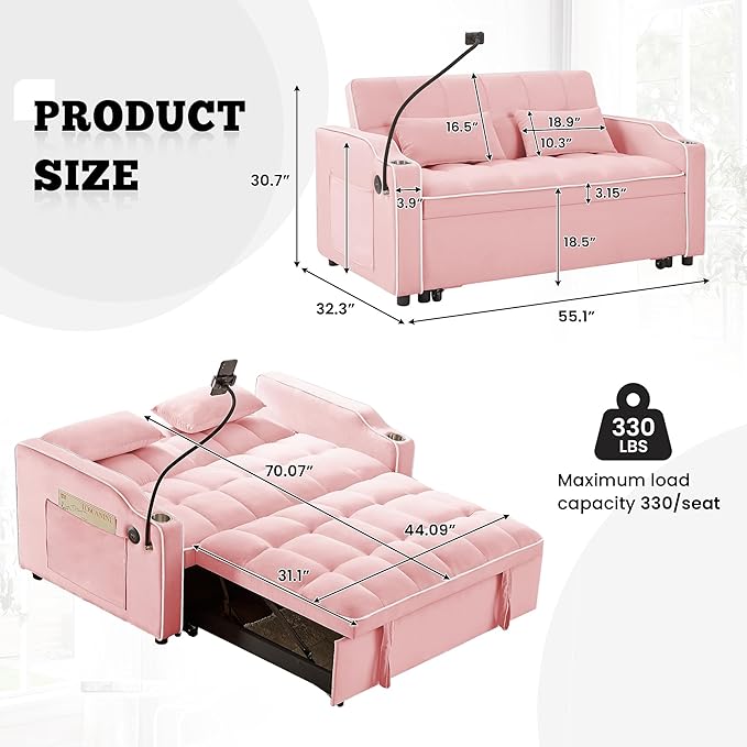 TTK 3-in-1 Convertible Velvet Sleeper Sofa Bed Pull-Out Loveseat with Adjustable Backrest USB Port &amp 2 Pillows Swivel Phone Stand &amp Storage Pockets Modern Futon Couch for Living Room Pink