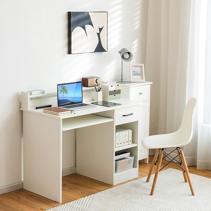 Computer Desk with Hutch &amp Keyboard Tray Home Office Workstation with Drawer Adjustable Shelves Modern Vanity Table for Bedroom Wooden Writing Study Laptop PC Desk (White)