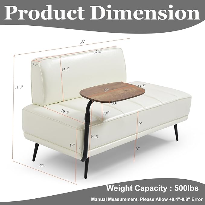 Anwick 55 PU Leather Small Sofa Loveseat Couch with Side Table Modern Upholstered Bed End Bench with Back for Bedroom Living Room Office Entryway (Beige)