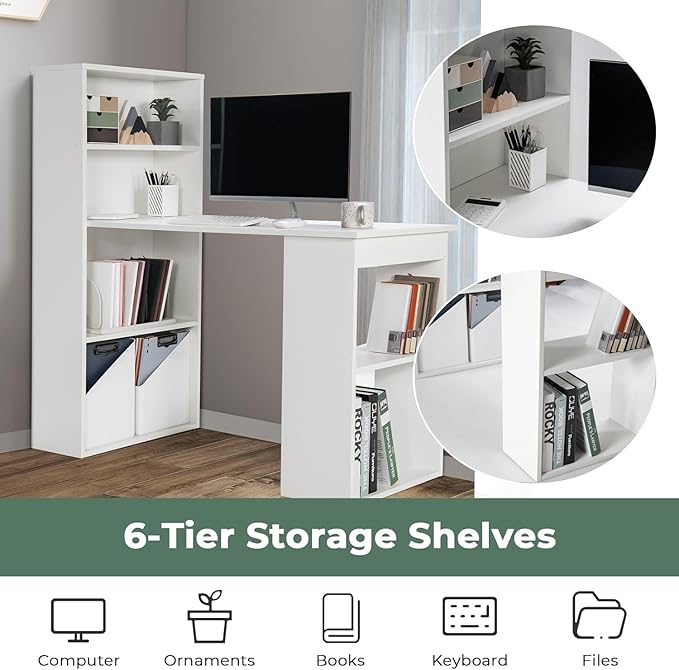 LDAILY Computer Desk with Bookshelf 48” Modern Office Desk w/ 6-Tier Storage Shelves CPU Stand Wider Base 3-in-1 Reversible Study Table Writing Desk for Home Office Bedroom Study Room (White)