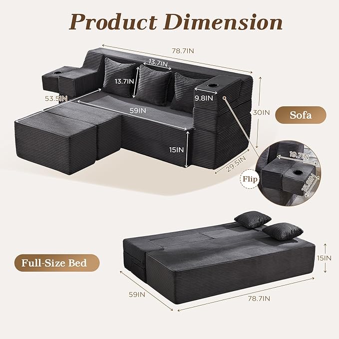 HOMREST 78.7 Sleeper Ottoman Sofa Bed for Small Space Full-Length Folding Memory Foam Couch in a Box with 2 Ottomans &amp Flip-Up Armrest 3-in-1 Convertible Futon No Assembly Dark Grey