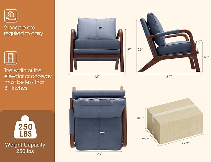 Mid Century Modern Chair Upholstered Lounge Arm Chair with Solid Wood Frame Comfy Accent Chair for Living Room Bedroom Reading Reception Grayish Blue