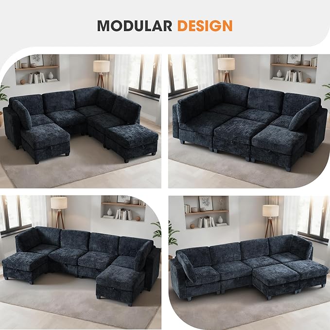 6 Seat Modular Sectional Sofa with Storage Convertible Sectional Couch Modular Sofa with Chaise Living Room Furniture Sets U Shaped Couch with Ottoman Couches for Living Room Black Textured