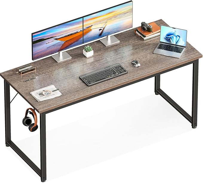 Casaottima 54 Inch Computer Desk for Home Office Study Writing Table for Small Spaces Simple Modern Desk with Headphone Hooks Grey Oak