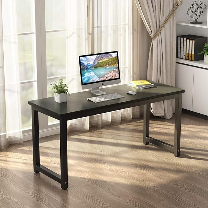 Tribesigns Modern Computer Desk 63 inch Large Office Desk Computer Table Study Writing Desk Workstation for Home Office Black Metal Frame